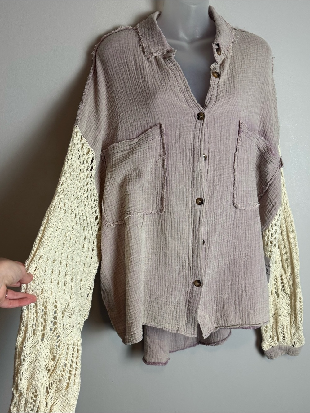 NWT POL Crochet Lantern Drop Sleeve Gauze Distressed Shacket Size Medium - Picture 3 of 13